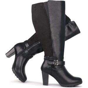 Women Black Plus Size Extra Wide Calf High Heel Dress Boot With Ankle Buckle